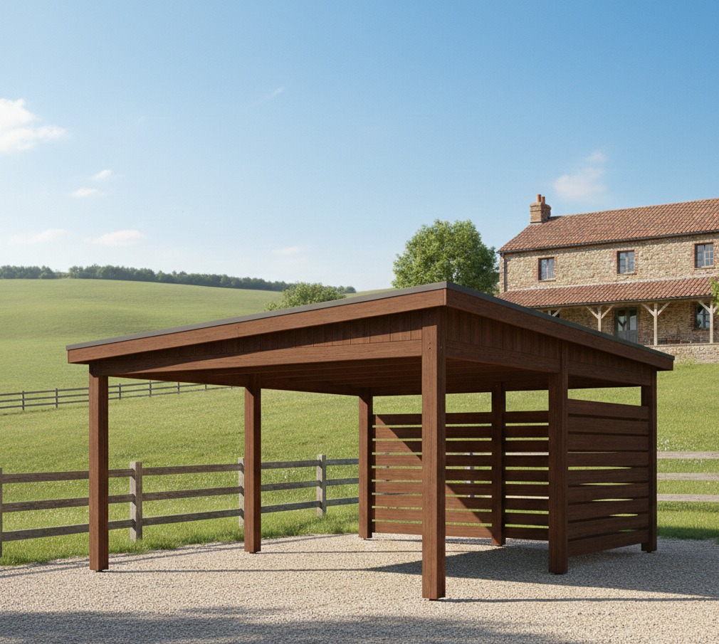 Drewniana wiata garażowa z poziomymi panelami, na żwirowym podłożu, z domem w tle. Ujęcie w słoneczny dzień, prezentujące konstrukcję i otoczenie.