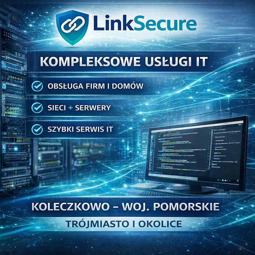 Kompleksowe usługi IT: serwery, sieci, szybki serwis. Monitor z kodem na tle serwerowni. LinkSecure - obsługa firm i domów w Koleczkowie i Trójmieście.