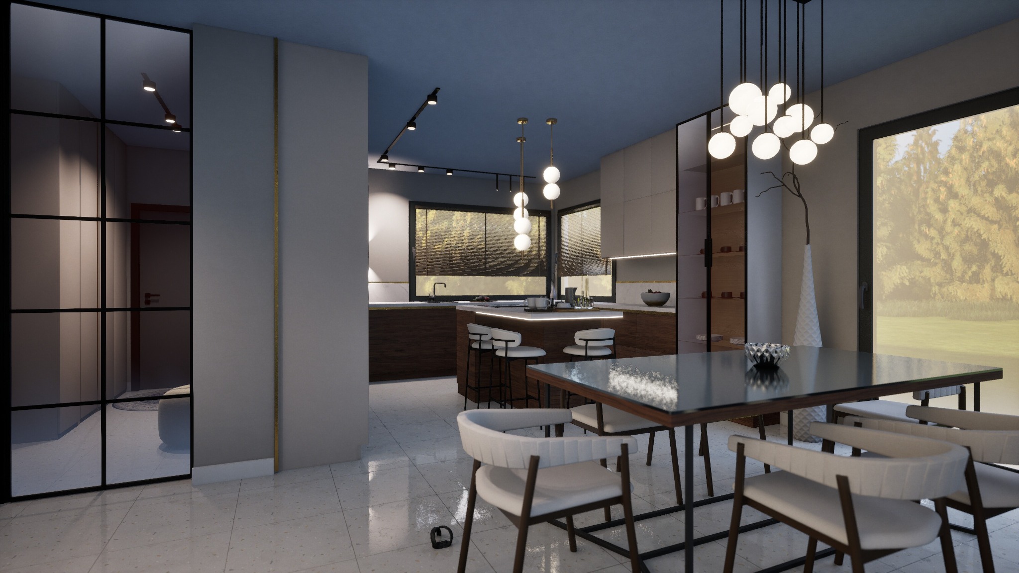 Nowoczesna kuchnia z wyspą i jadalnią, oświetlona wiszącymi lampami. Minimalistyczny design, jasne kolory, duże okno z widokiem na zieleń. Eleganckie krzesła i stół.