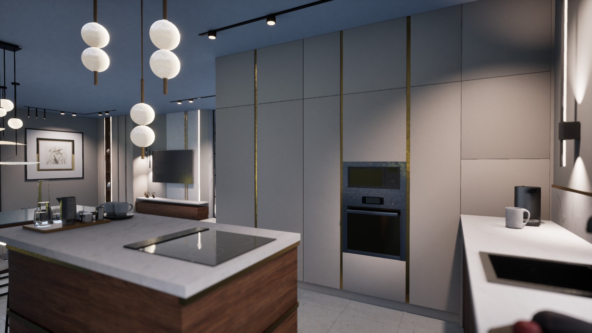 Nowoczesna kuchnia z wyspą, zabudową w odcieniach szarości z złotymi akcentami. Oświetlenie punktowe i wiszące lampy kuliste. Widoczny sprzęt AGD i elementy dekoracyjne.