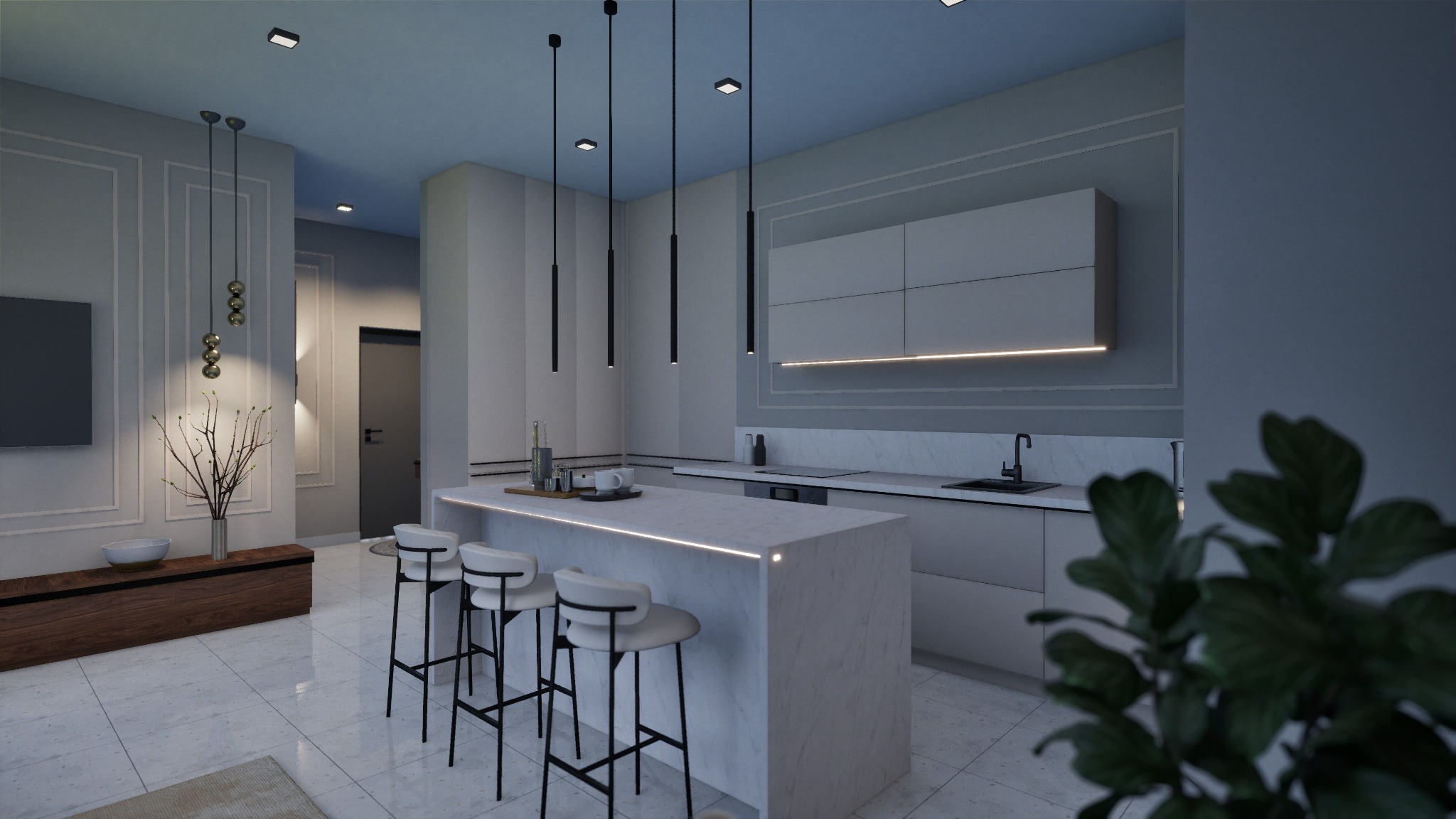 Wizualizacja nowoczesnej kuchni z wyspą oświetloną listwą LED, minimalistyczne szafki i wiszące lampy. W tle salon z dekoracyjnymi listwami ściennymi.