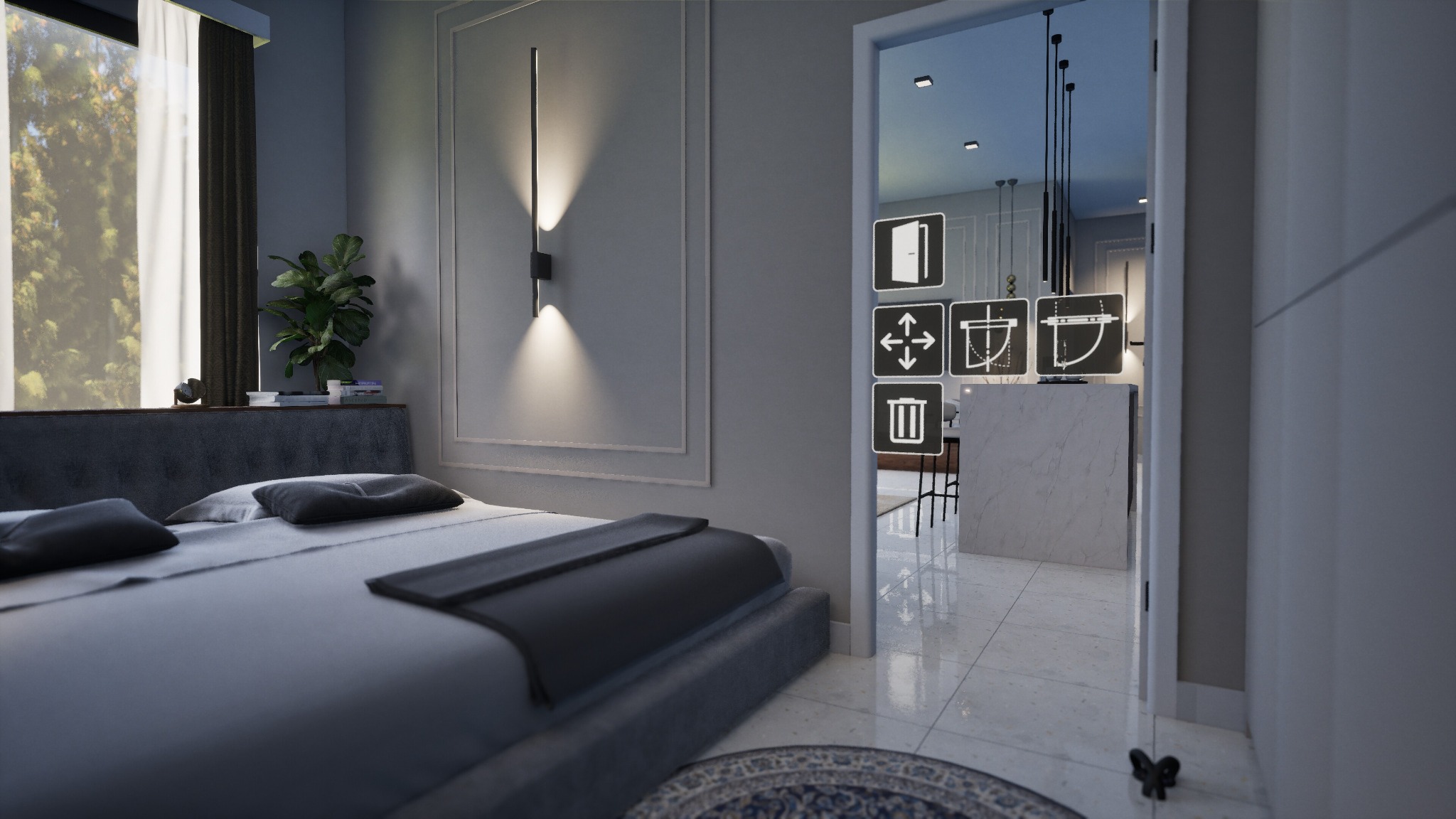 Nowoczesna sypialnia z łóżkiem w odcieniach szarości, minimalistyczną lampą ścienną i widokiem na kuchnię przez otwarte drzwi. W tle okno z zasłonami.