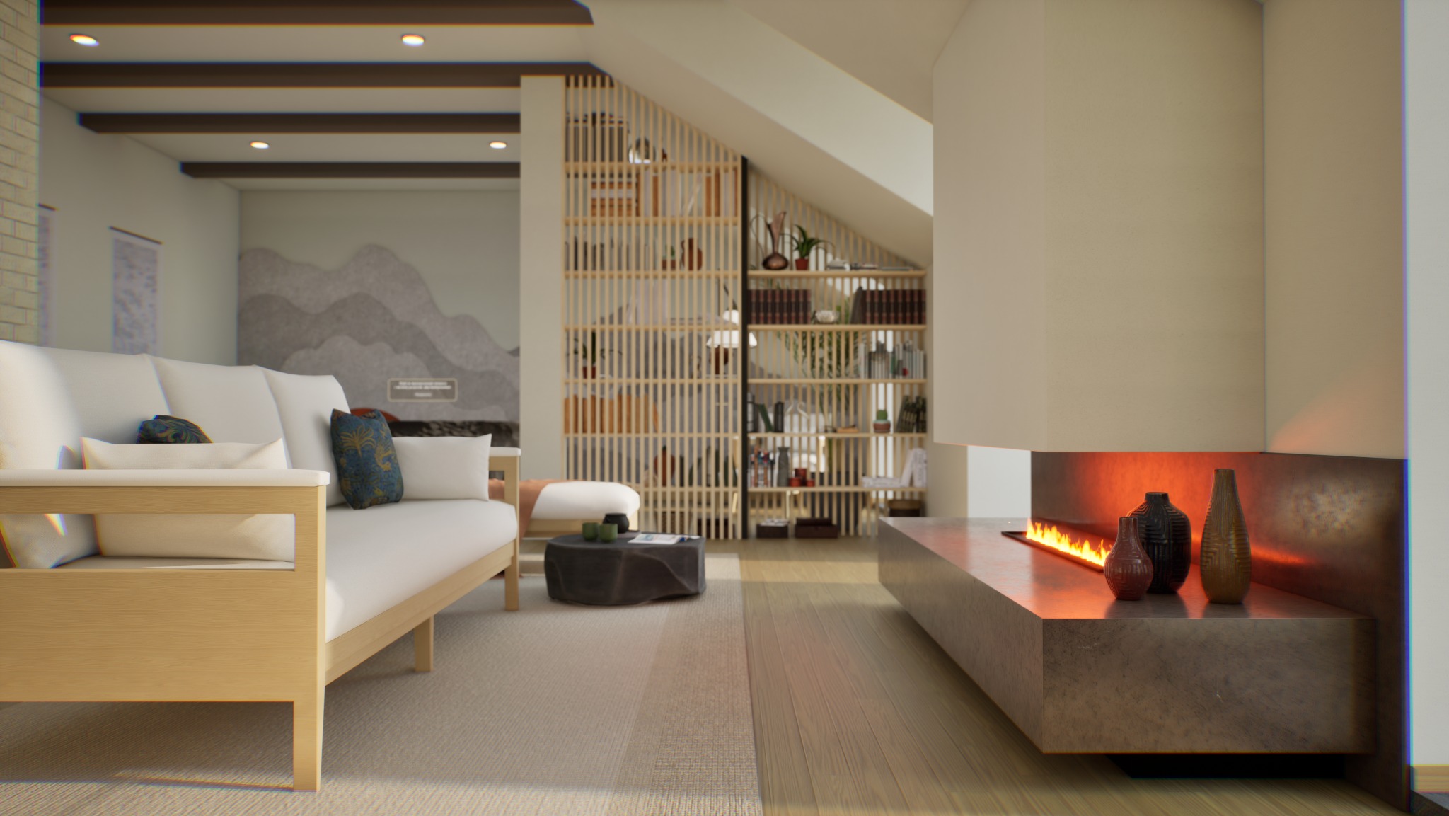 Jasne wnętrze z sofą, regałem z ażurowymi drzwiami i nowoczesnym kominkiem z dekoracyjnymi wazonami. Neutralna kolorystyka, minimalistyczny design.
