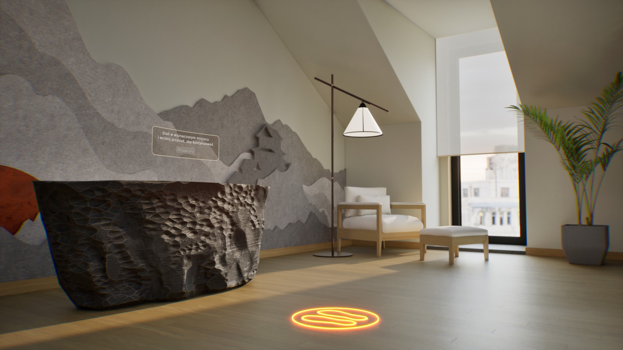 Wnętrze poddasza z dekoracją ścienną imitującą góry, drewnianym fotelem i lampą. Na podłodze neonowy okrąg. Widok na miasto przez okno.