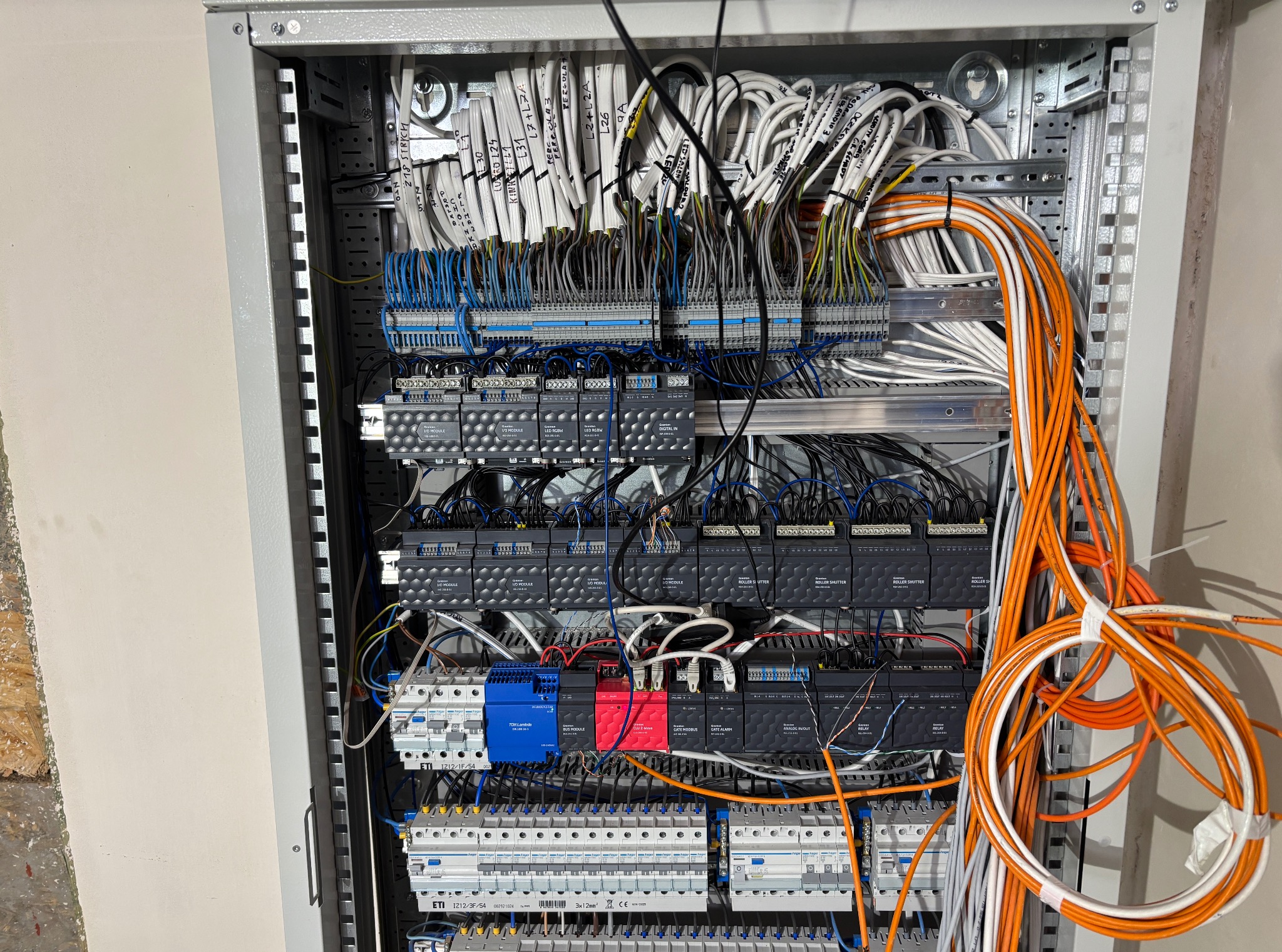 Rozdzielnica elektryczna z modułami sterującymi, okablowaniem oznaczonym etykietami i zabezpieczeniami, widok z bliska na uporządkowany system w szarej obudowie.