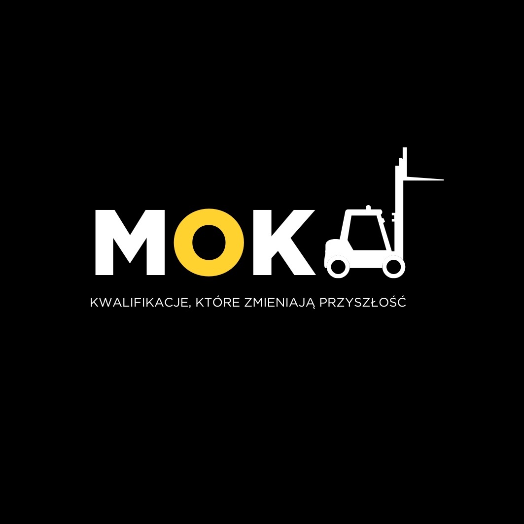 Logo firmy MOK z grafiką wózka widłowego, hasłem 'Kwalifikacje, które zmieniają przyszłość' na czarnym tle. Żółte 'O' w nazwie.