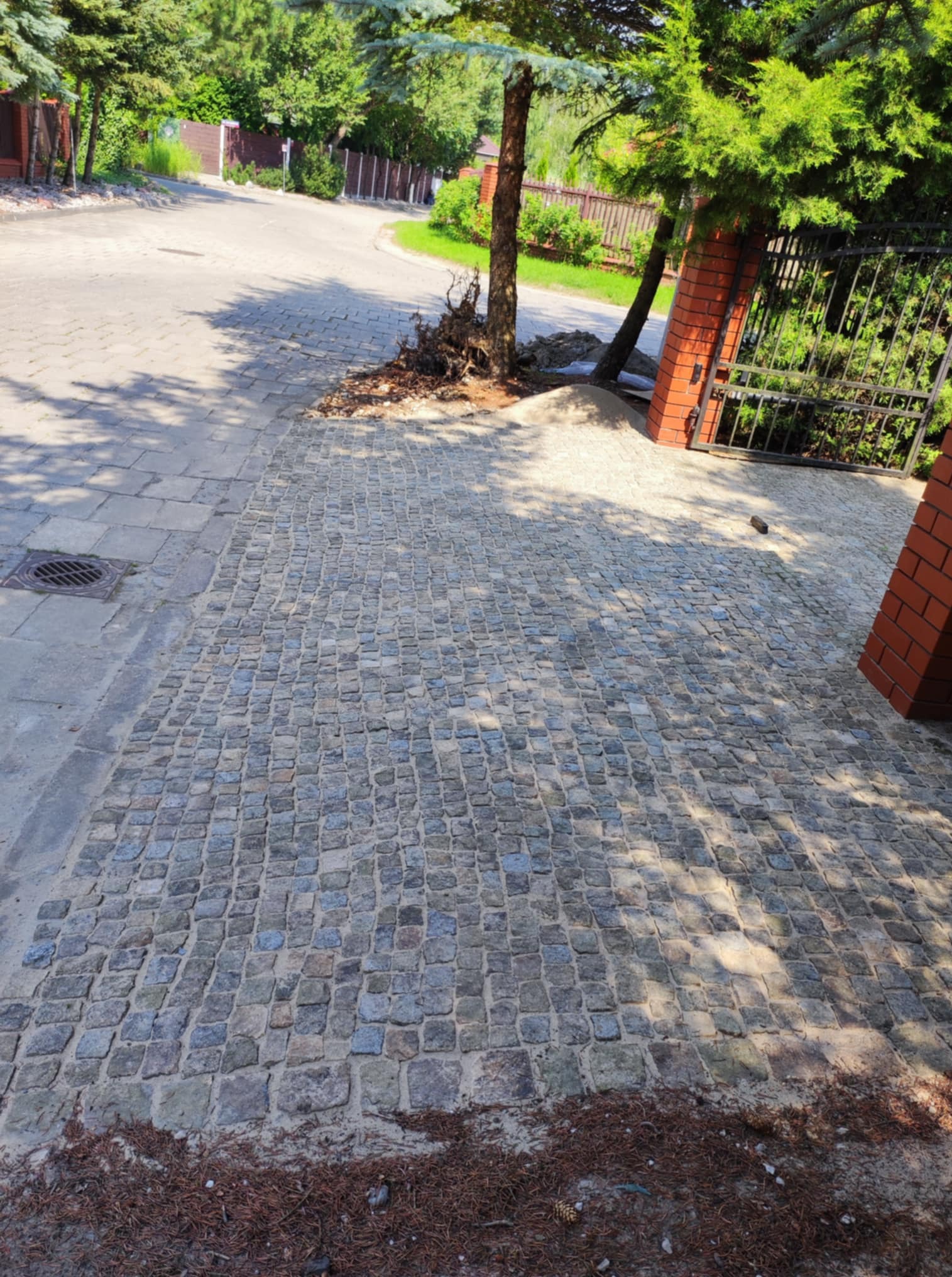 Ułożona kostka granitowa tworząca ścieżkę w ogrodzie, widoczna brama z ceglanymi słupkami i drzewa. Kostka w odcieniach szarości, oświetlona słońcem, z widocznymi cieniami drzew.