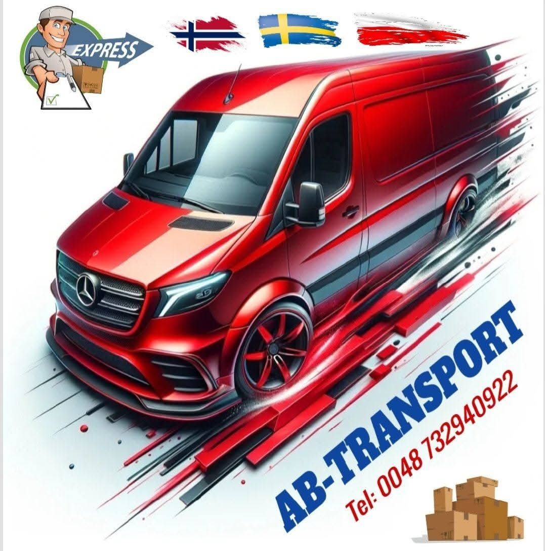 Czerwony, tuningowany bus Mercedes z flagami Norwegii i Szwecji, sugerujący transport międzynarodowy. Widoczne logo firmy AB-Transport i numer telefonu.