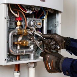 TERMO-MAJSTER Serwis pieców CO - Serwisant w brązowych rękawicach reguluje kluczem nastawnym instalację wewnątrz białego pieca gazowego, widoczne miedziane rury i przewody.