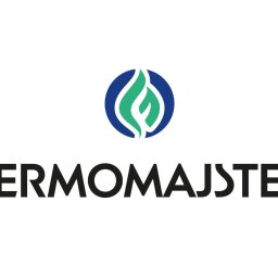 TERMO-MAJSTER Serwis pieców CO - Logo firmy Termomajster z zielono-niebieskim symbolem płomienia nad nazwą, na białym tle. Minimalistyczny design.