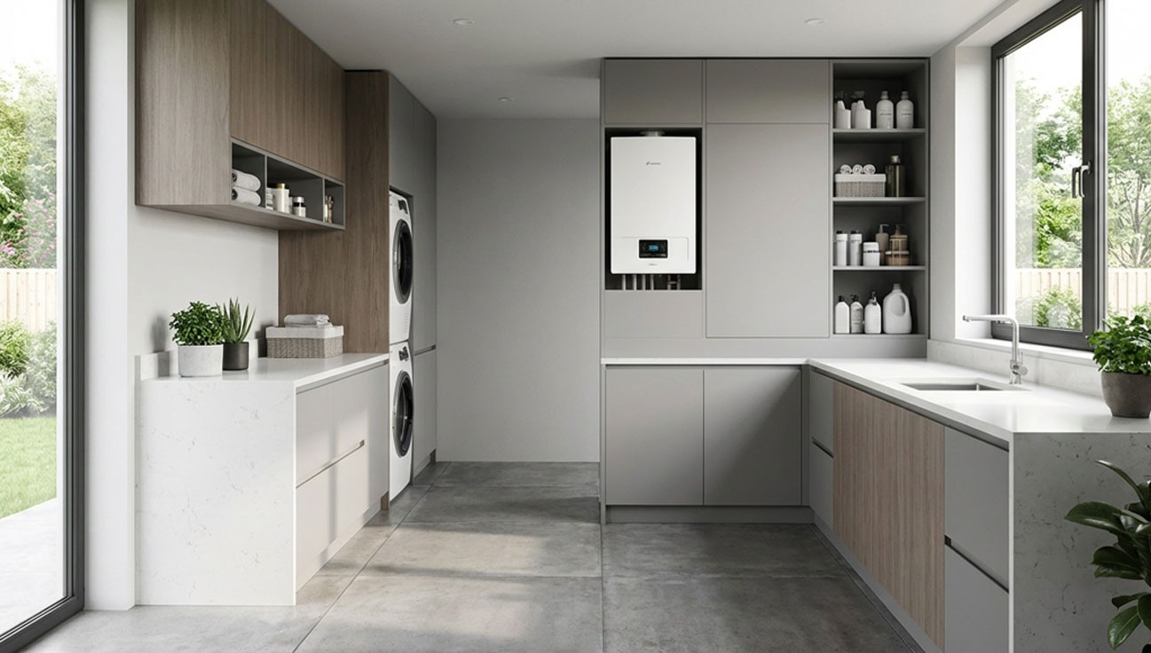 Nowoczesna kotłownia z piecem gazowym w zabudowie, pralką i suszarką w kolumnie, jasnymi szafkami i dużym oknem z widokiem na zieleń. Minimalistyczny design.