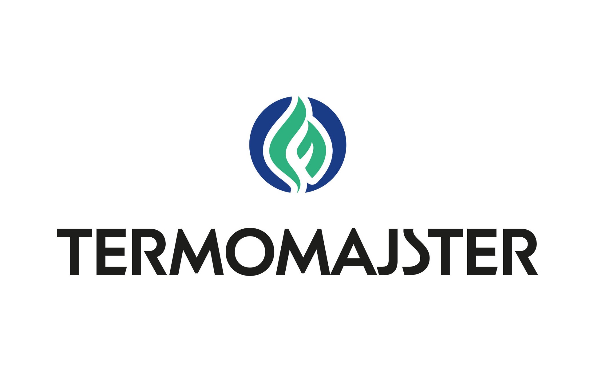 Logo firmy Termomajster z zielono-niebieskim symbolem płomienia nad nazwą, na białym tle. Minimalistyczny design.