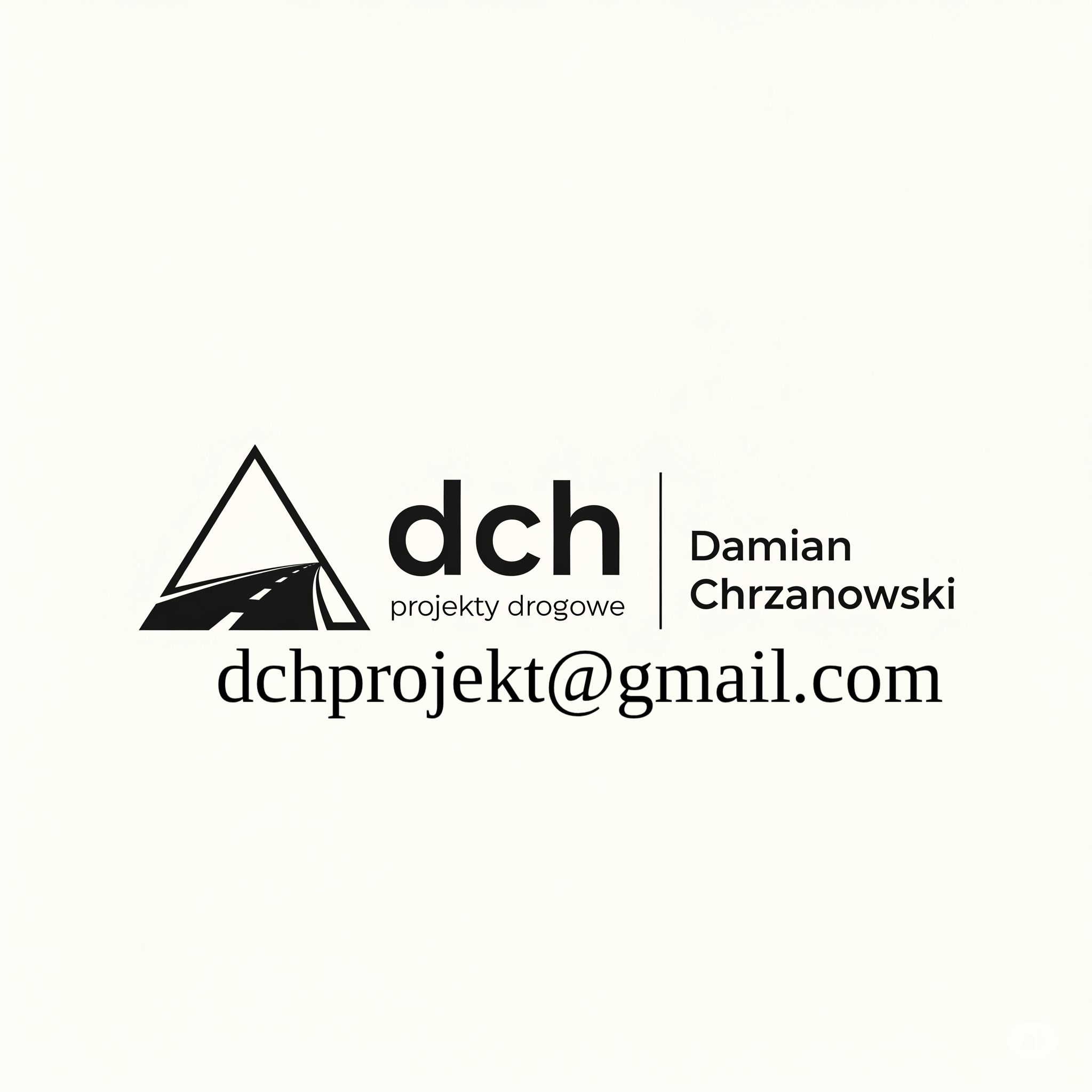 Logo firmy dch projekty drogowe z grafiką drogi w trójkącie, nazwiskiem Damian Chrzanowski i adresem email dchprojekt@gmail.com na białym tle.