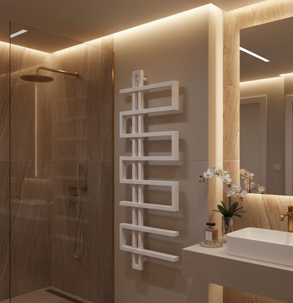 Nowoczesny, biały grzejnik łazienkowy o geometrycznym kształcie na tle beżowej ściany, obok kabiny prysznicowej i umywalki z lustrem. Subtelne oświetlenie LED.