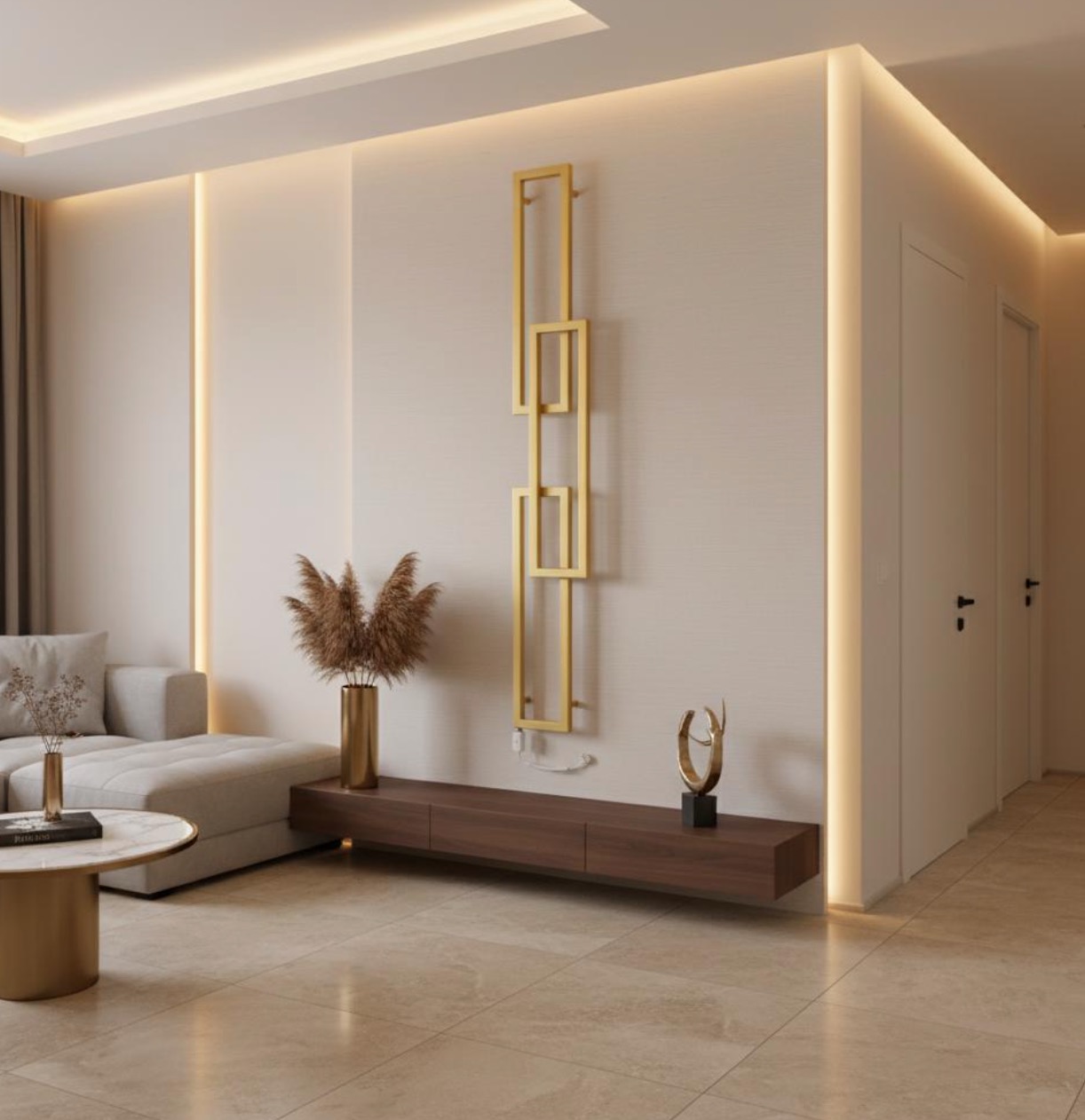 Nowoczesny grzejnik dekoracyjny w kolorze złotym, zamontowany na ścianie w salonie z beżowymi ścianami i minimalistycznym wystrojem. Oświetlenie LED podkreśla design.
