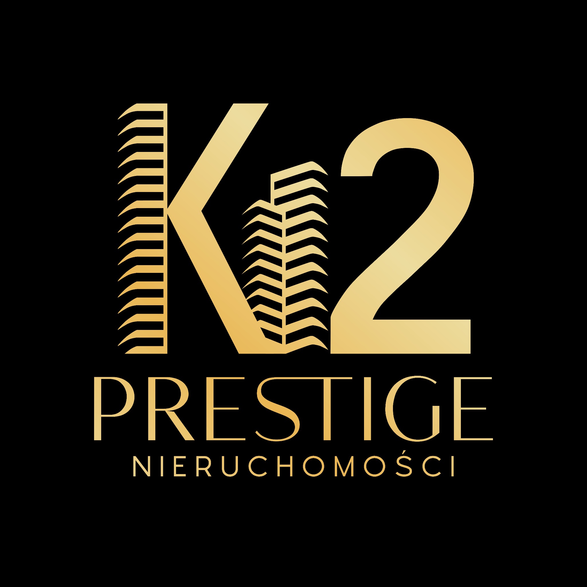 Złote logo 'K2 Prestige Nieruchomości' na czarnym tle. Stylizowane budynki wkomponowane w litery. Elegancki i nowoczesny design.
