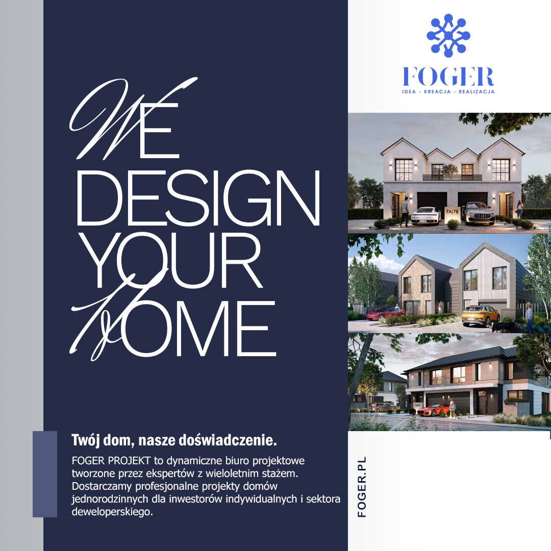 Wizualizacje 3D nowoczesnych domów jednorodzinnych z garażami, prezentowane na ciemnoniebieskim tle z logo firmy projektowej Foger.