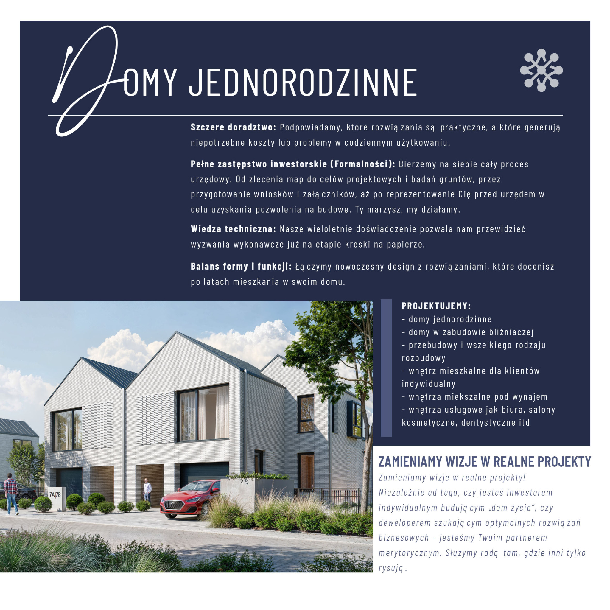 Wizualizacja projektu dwóch nowoczesnych domów jednorodzinnych w zabudowie bliźniaczej z czerwonym samochodem i dwoma osobami na podjeździe.