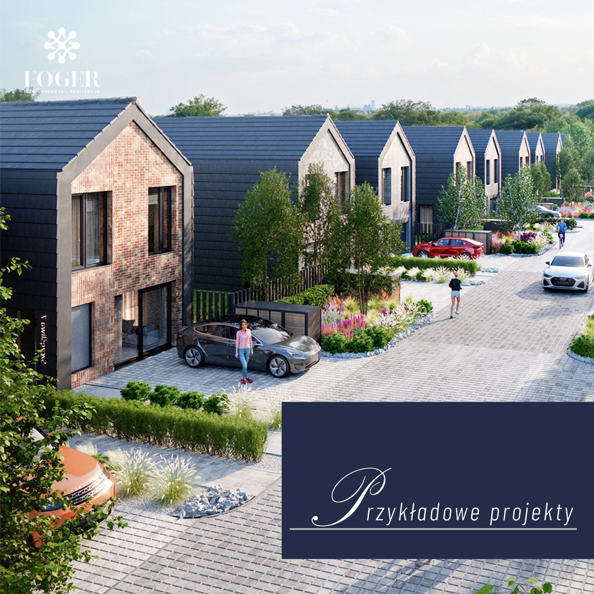 Wizualizacja osiedla domów jednorodzinnych z nowoczesną architekturą i zadbaną zielenią. Widoczne samochody i spacerujące osoby. Ujęcie z perspektywy ulicy.