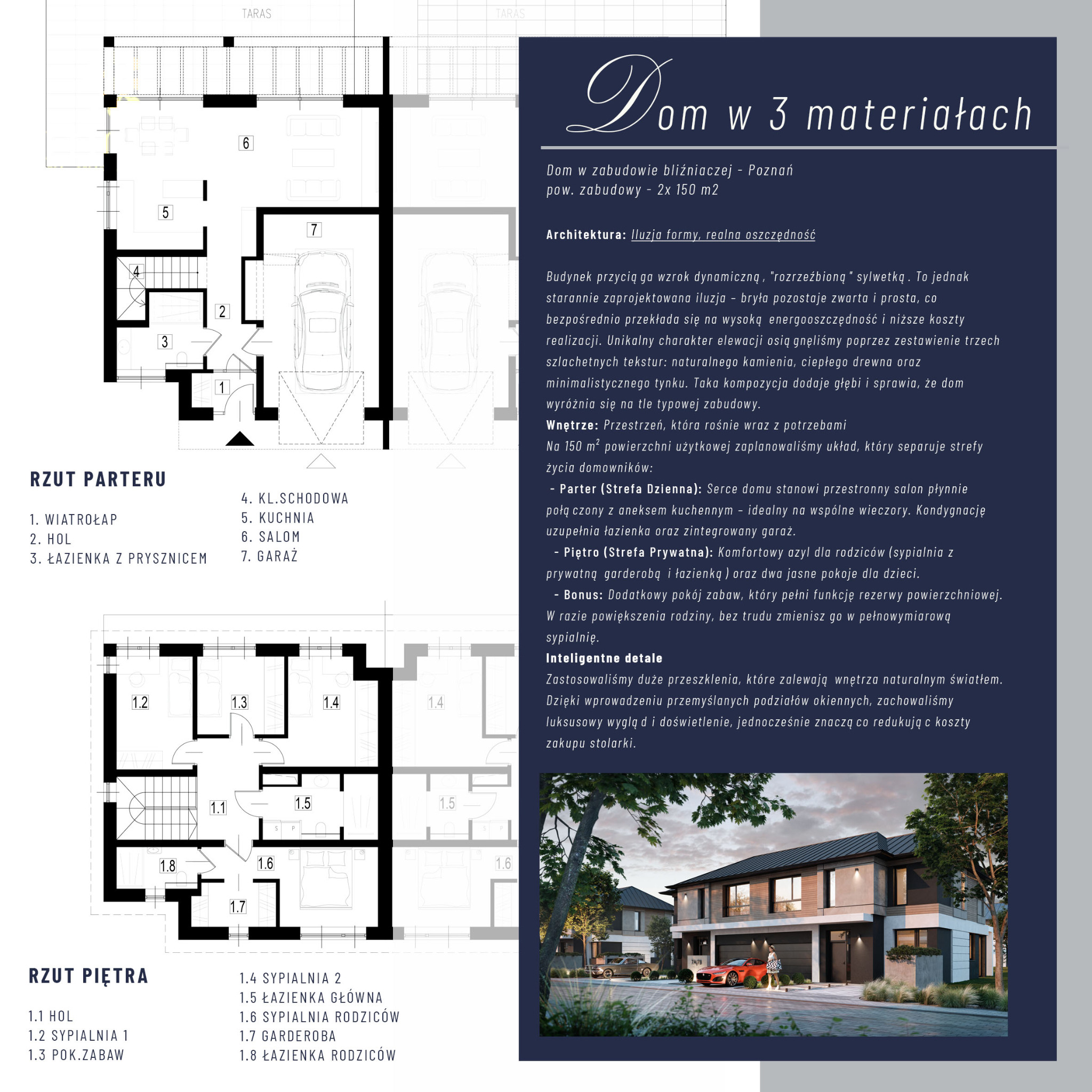 Rzut parteru i piętra domu bliźniaczego z wizualizacją elewacji. Nowoczesny projekt architektoniczny z garażem i tarasem, prezentujący układ pomieszczeń i wygląd zewnętrzny.