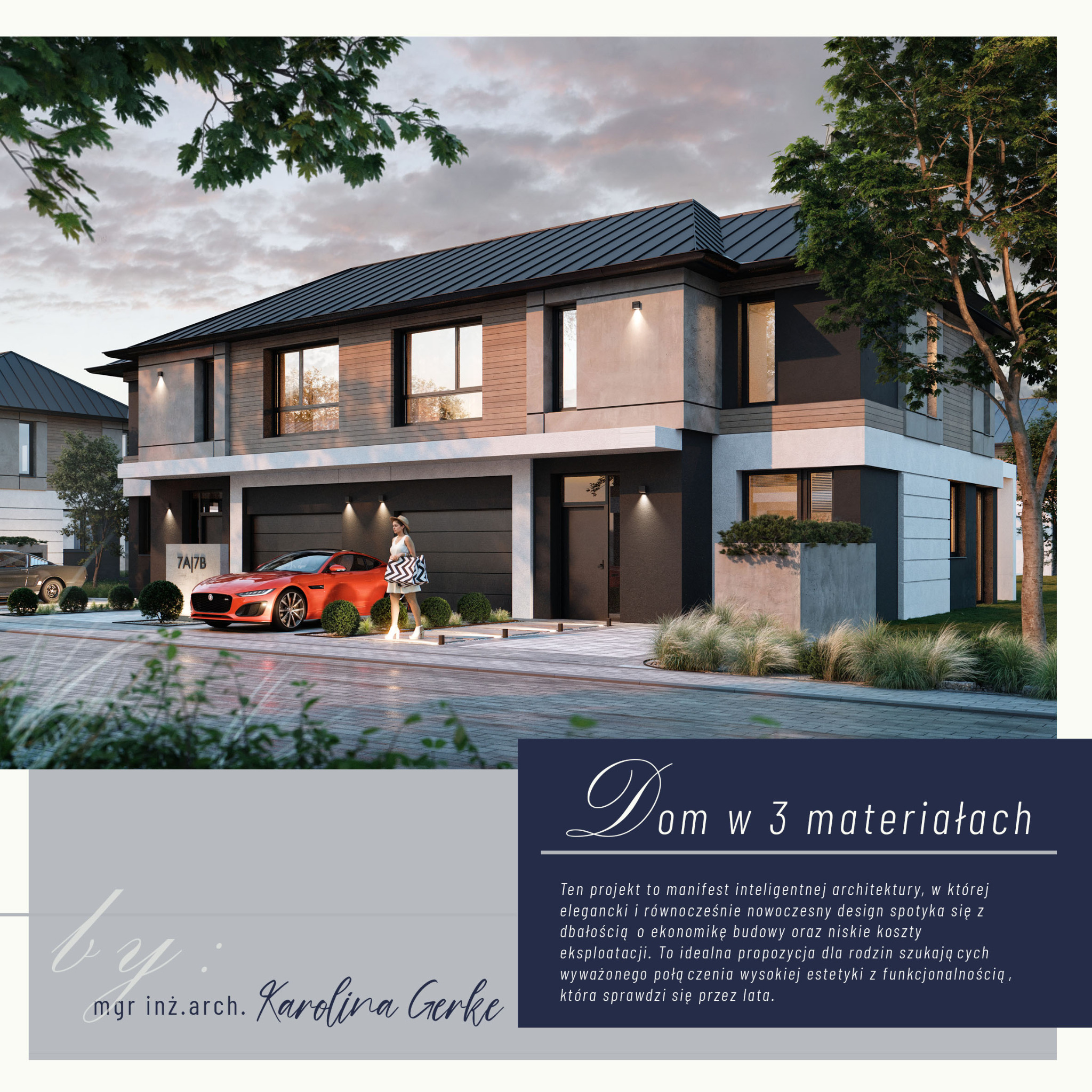 Wizualizacja nowoczesnego domu z garażem w Poznaniu, z elewacją łączącą drewno, beton i ciemny metal. Przed budynkiem stoi czerwony samochód i spaceruje kobieta.