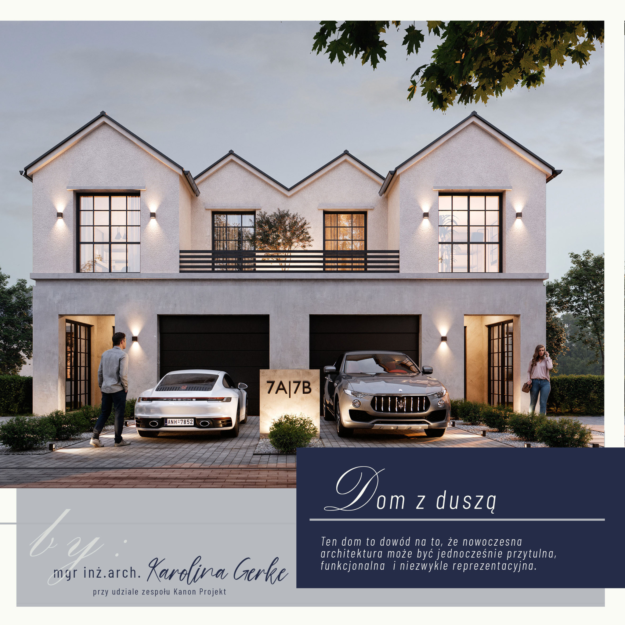 Wizualizacja dwukondygnacyjnego domu z garażami, z dwoma samochodami, oświetleniem zewnętrznym i osobami w pobliżu wejść. Nowoczesna architektura z elementami dekoracyjnymi.