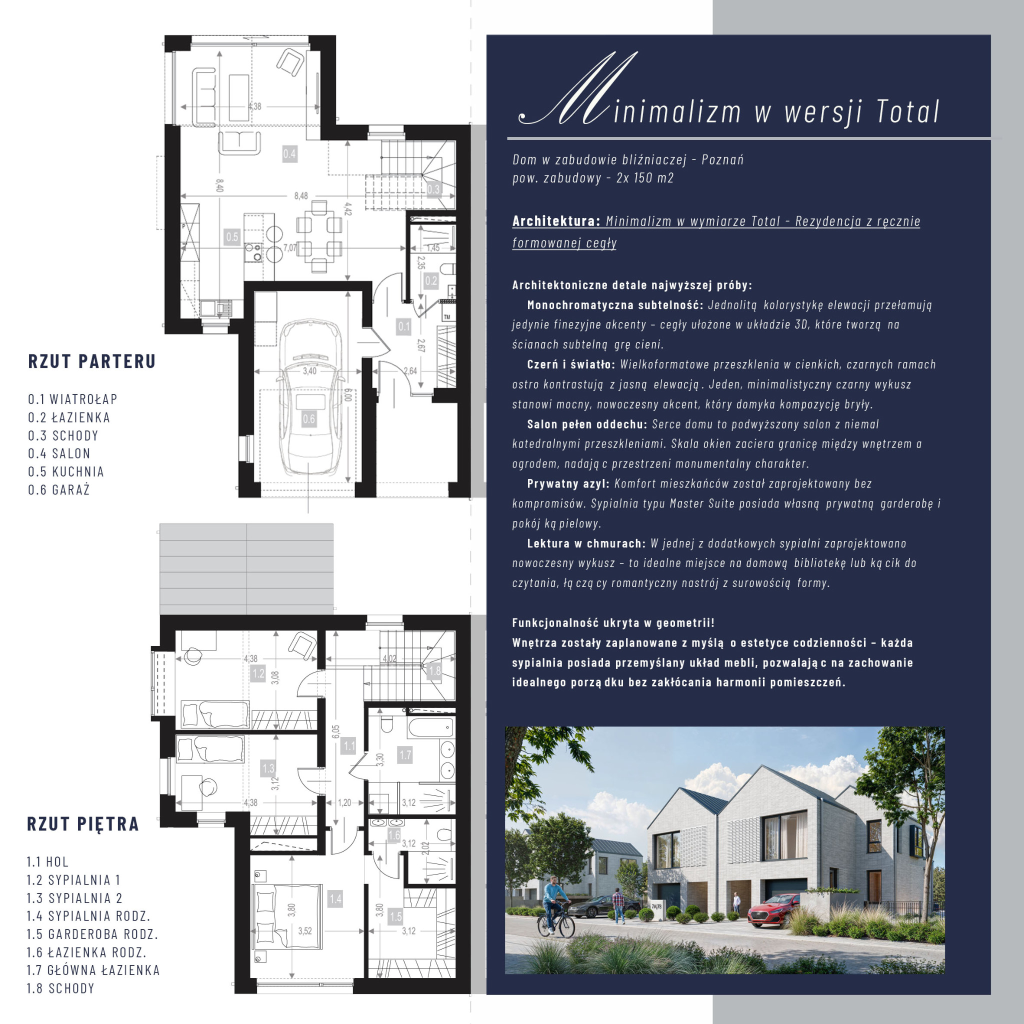 Rzut parteru i piętra domu bliźniaczego w stylu minimalistycznym z wizualizacją elewacji. Plan zawiera wymiary pomieszczeń i opis funkcjonalny.