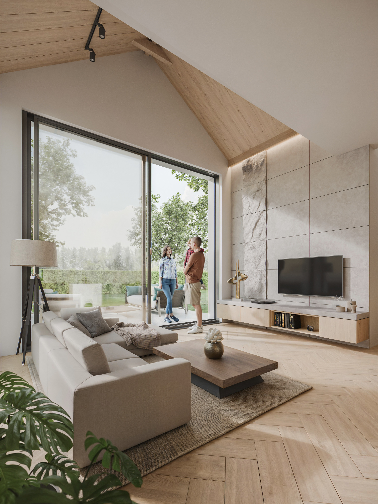 Projekt wnętrz dla całego domu w spójnej kolorystyce. Połączwenie jasnego drewna, kamienia oraz kolorów beży i szarości.