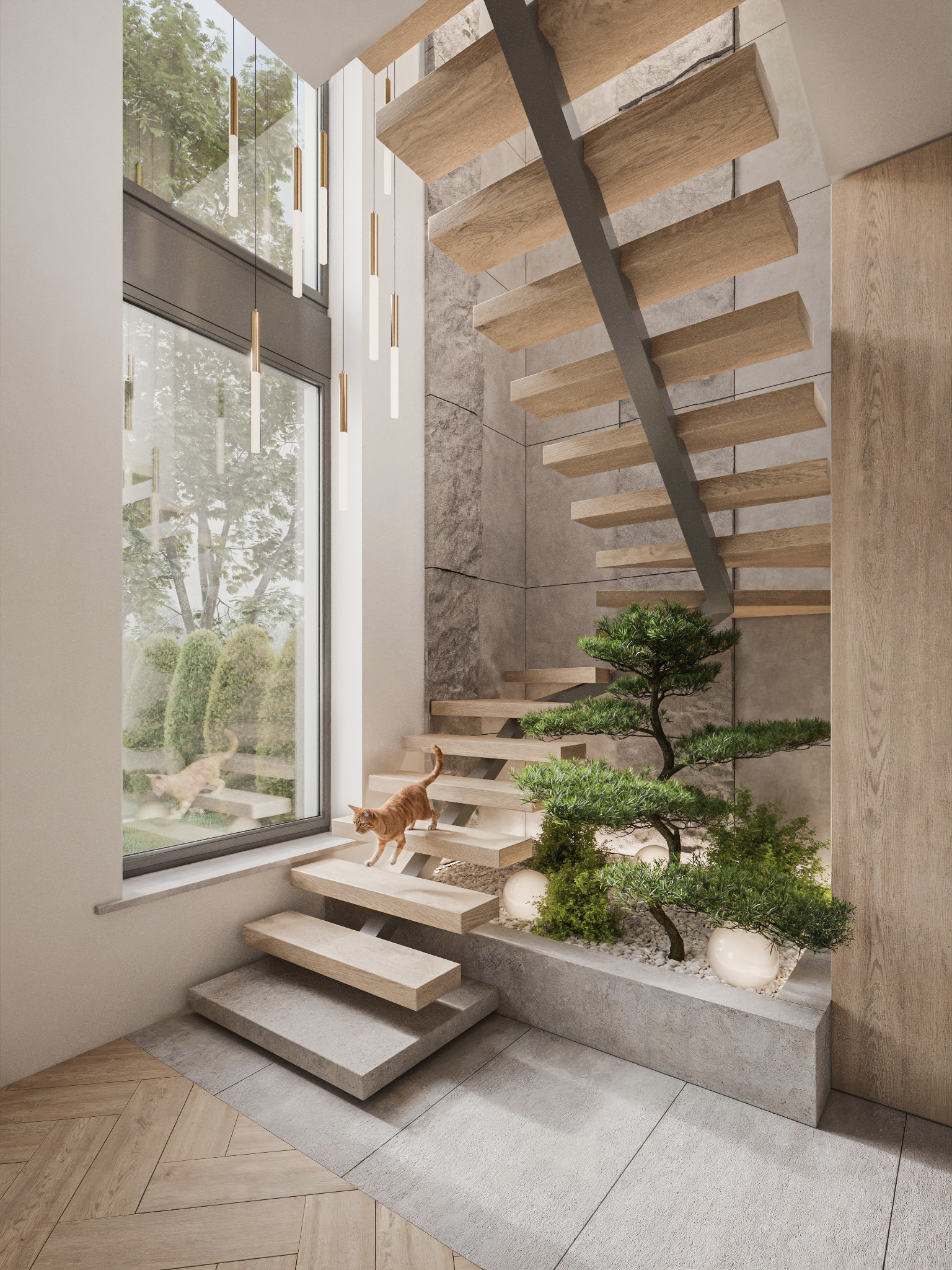 Nowoczesne schody z drewnianymi stopniami i metalową konstrukcją, oświetlone lampami wiszącymi. W tle widok na ogród przez duże okno i kot na schodach.