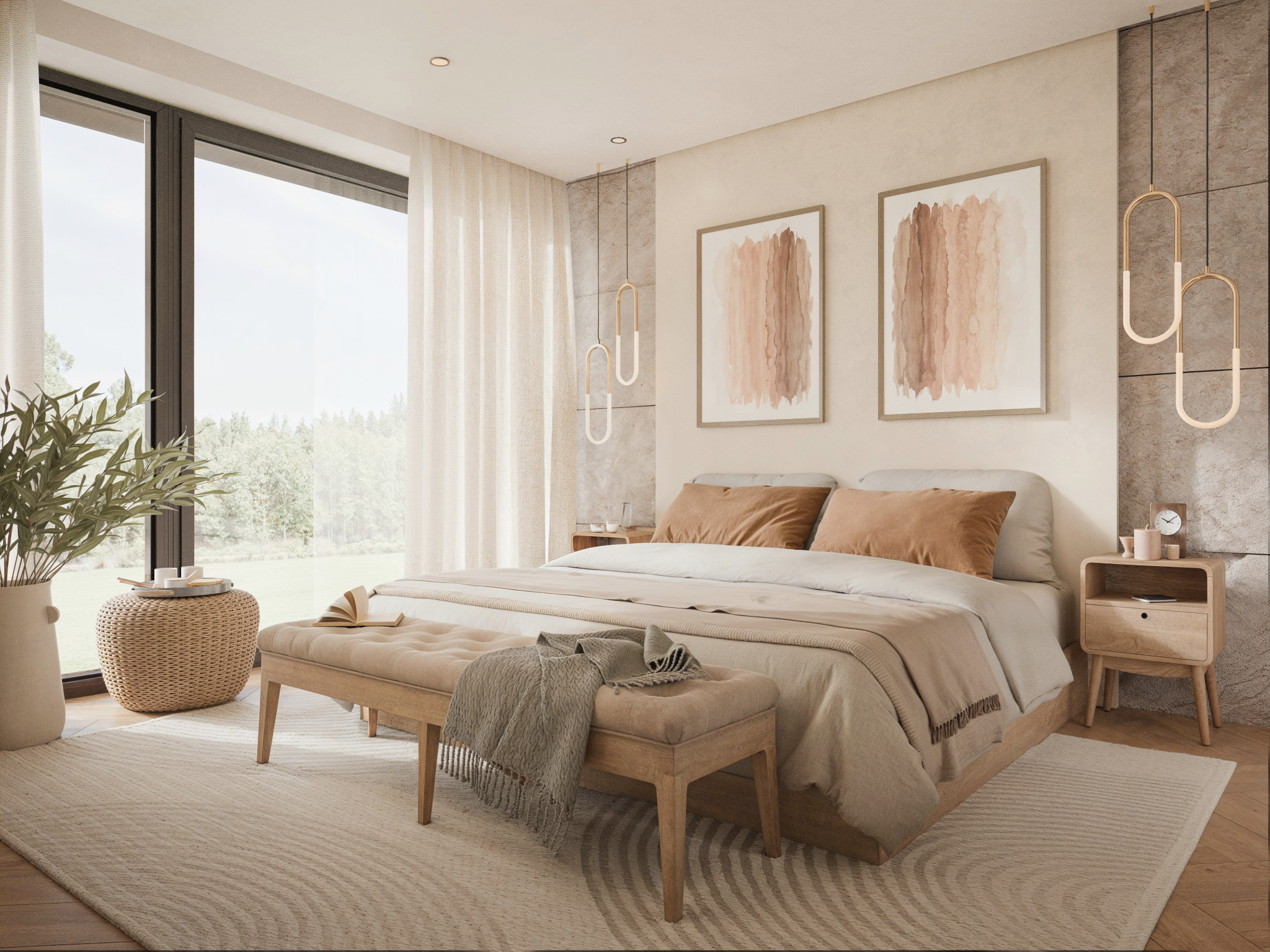 Jasna sypialnia z dużym oknem, beżowym dywanem i drewnianymi meblami. Na łóżku leżą poduszki w odcieniach brązu. Nad łóżkiem wiszą abstrakcyjne obrazy i nowoczesne lampy.
