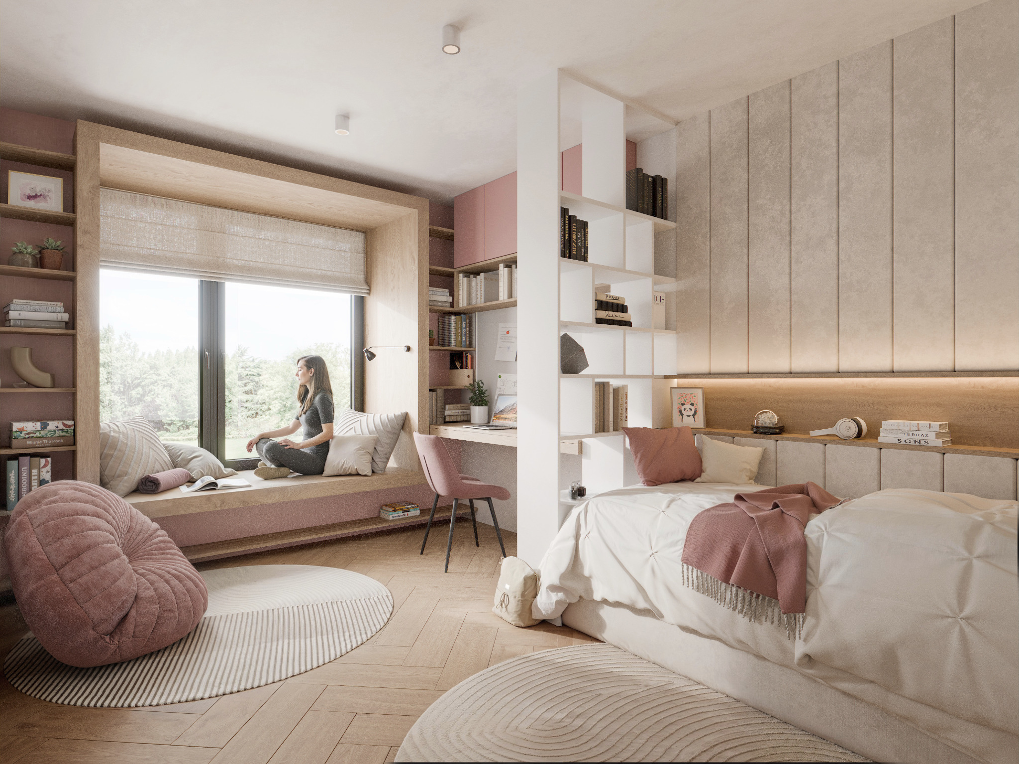 Jasne wnętrze pokoju z oknem, w którym siedzi kobieta. W pokoju znajduje się łóżko, biurko i regał z książkami. Całość utrzymana w pastelowych barwach.