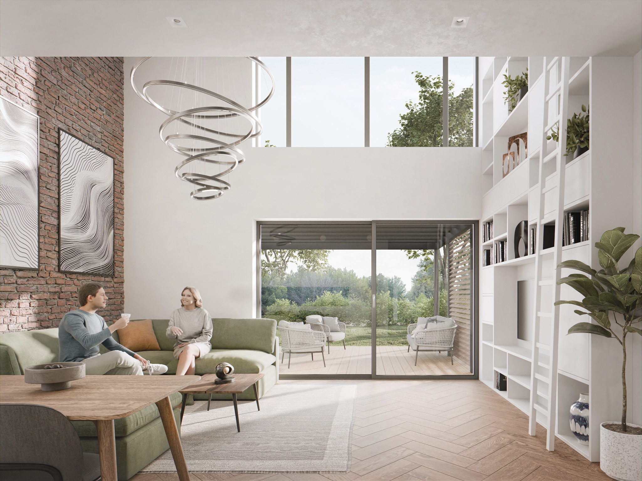 Jasne, przestronne wnętrze z ceglaną ścianą, nowoczesnym oświetleniem i widokiem na ogród przez duże okno. Para siedzi na zielonej sofie.