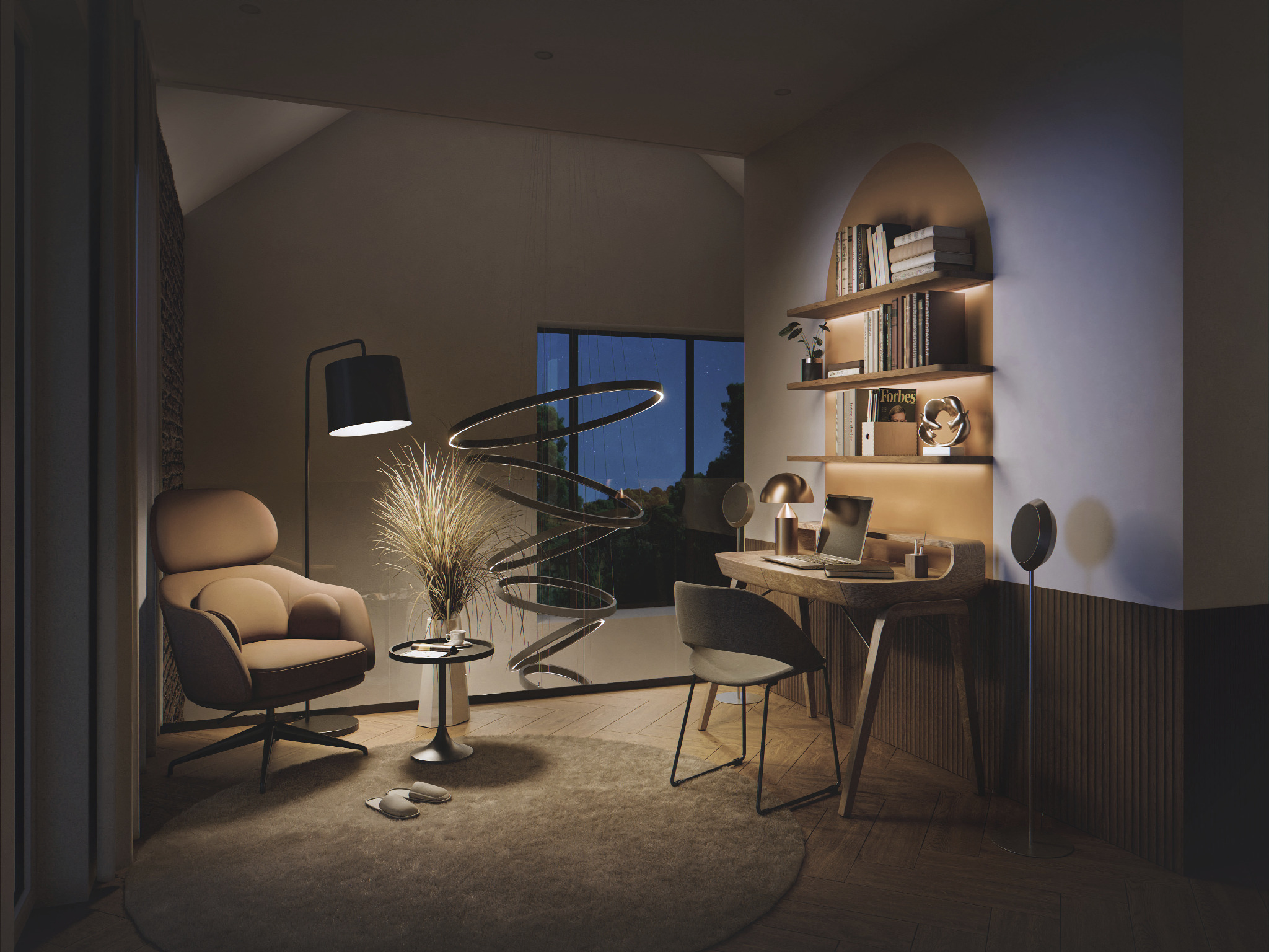 Stylowy pokój do pracy w domu z fotelem, biurkiem i oświetleniem. Na biurku laptop, a na ścianie półki z książkami. Całość w ciepłej tonacji kolorystycznej.