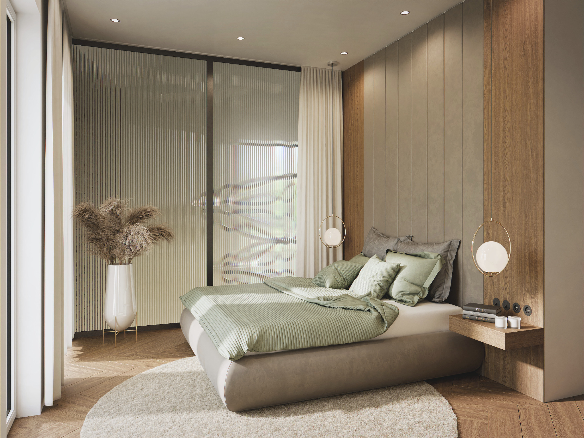 Nowoczesna sypialnia z łóżkiem na okrągłym dywanie, drewnianą ścianą i szklanymi drzwiami balkonowymi. Stonowana kolorystyka, minimalistyczny design i naturalne światło.