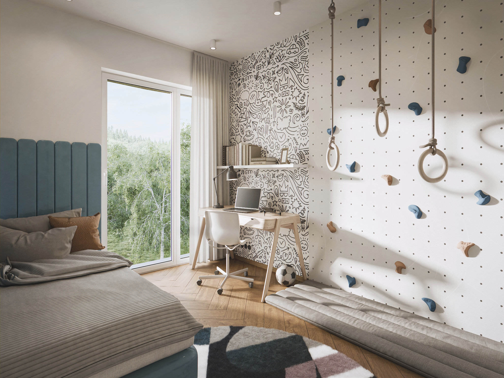 Pokój dziecięcy z łóżkiem, biurkiem, ścianką wspinaczkową i tapetą w rysunki. Jasne wnętrze z drewnianą podłogą i dużym oknem z widokiem na zieleń.