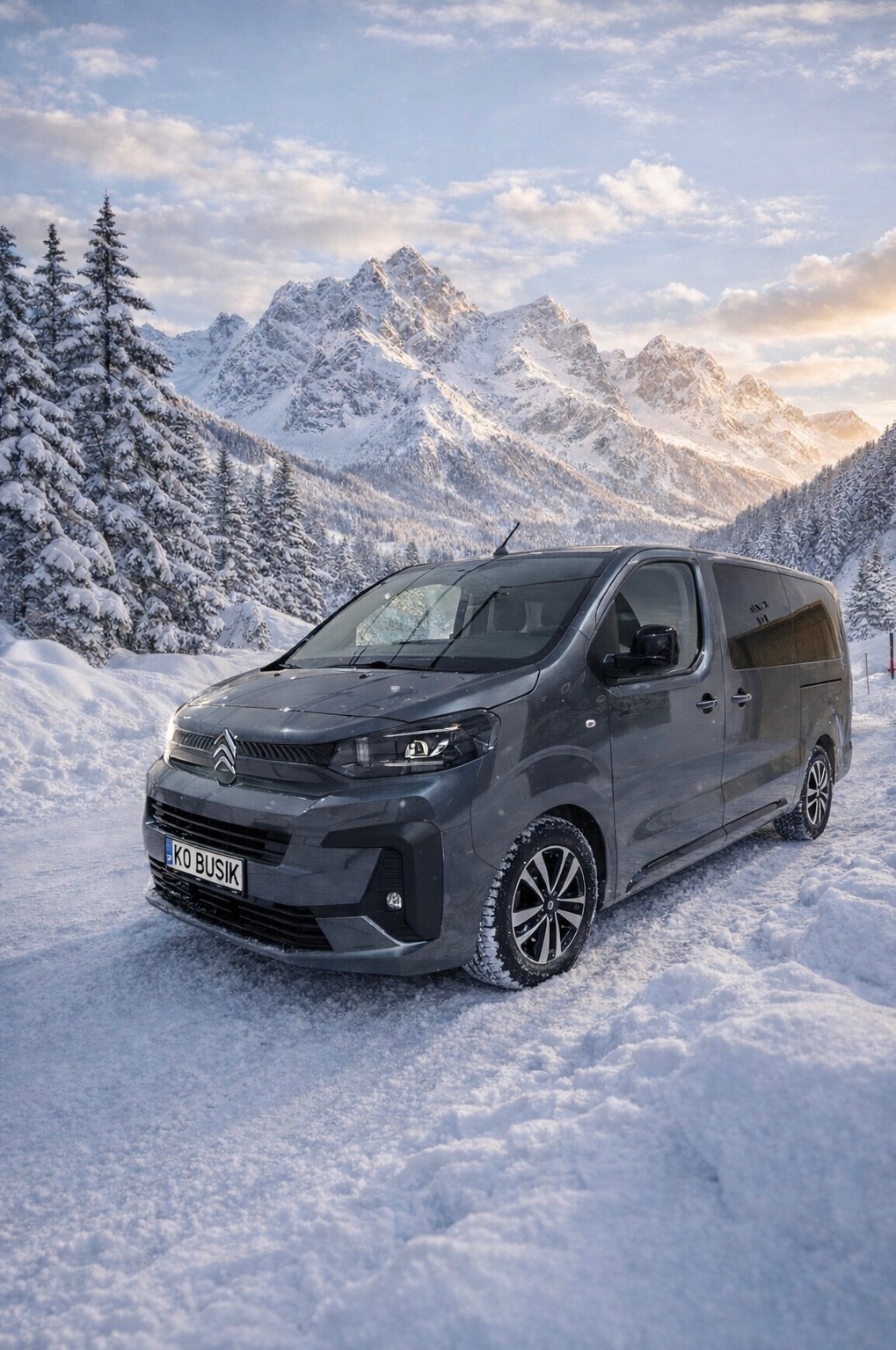 Szary bus Citroen na tle zimowego krajobrazu z ośnieżonymi górami i lasem. Tablica rejestracyjna z napisem 'KO BUSIK'.