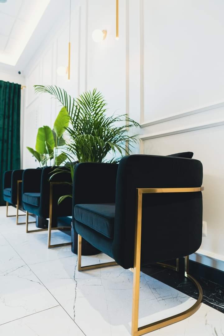 Elegancka poczekalnia: rzad czarnych foteli z złotymi nogami, marmurowa podłoga, białe ściany z sztukaterią i zielone rośliny doniczkowe. Nowoczesny design.