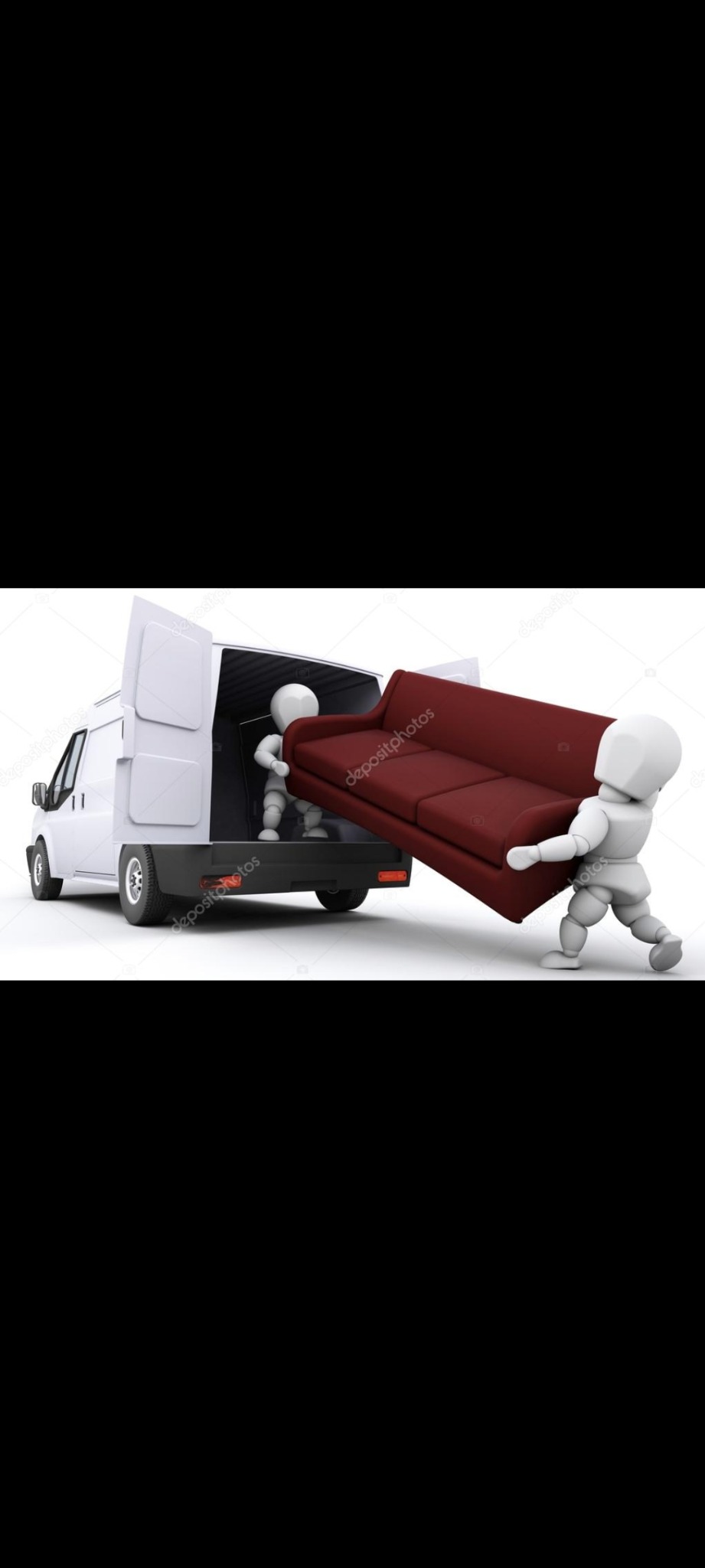 Dwóch manekinów wnosi bordową sofę do białego busa z otwartymi drzwiami. Scena przedstawia proces załadunku mebli podczas przeprowadzki.