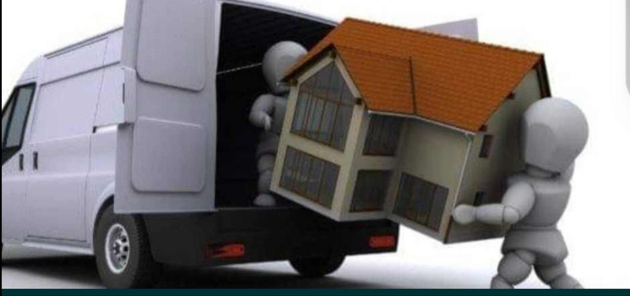 Model domu wnoszony do białego busa przez dwie postacie. Symbolizuje przeprowadzkę lub transport domu.