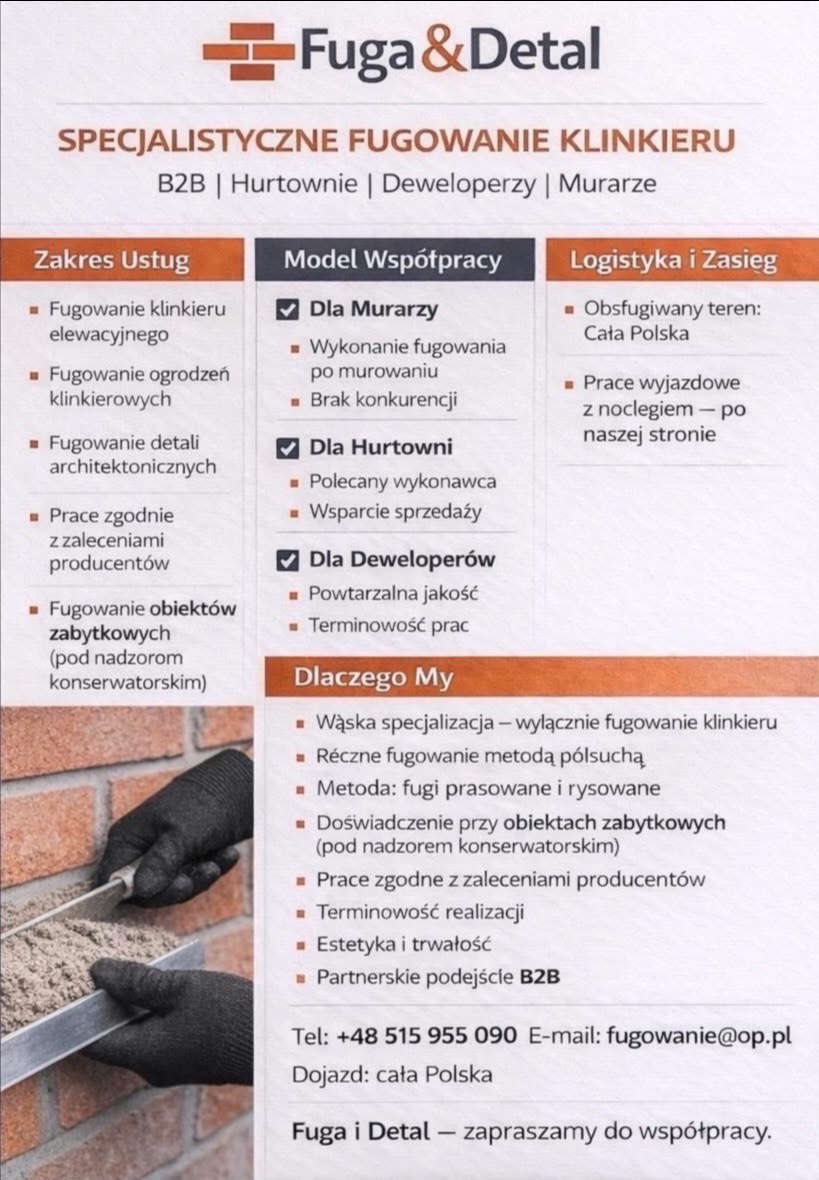 Reklama firmy Fuga&Detal, specjalizującej się w fugowaniu klinkieru. Oferta B2B dla murarzy, hurtowni i deweloperów. Prezentacja zakresu usług i zalet współpracy.