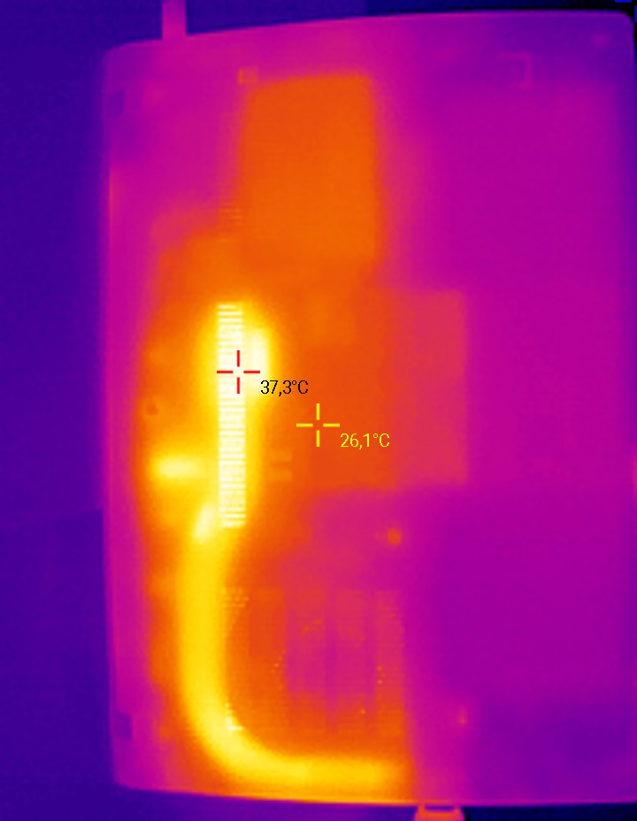 Termowizja laptopa z zaznaczonymi punktami ciepła (37,3°C i 26,1°C) na tle fioletowo-pomarańczowym, ukazująca diagnostykę przegrzewających się komponentów.