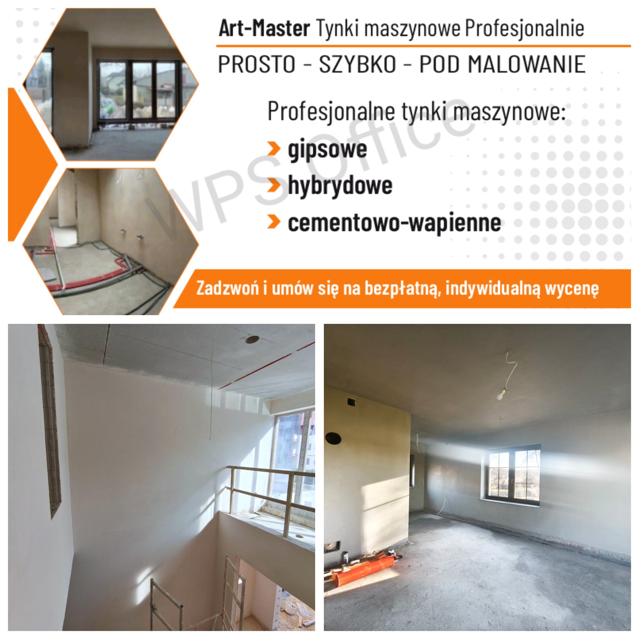 Wnętrza po tynkowaniu maszynowym: gipsowe, hybrydowe i cementowo-wapienne. Widoczne gładkie ściany przygotowane pod malowanie. Oferta bezpłatnej wyceny.