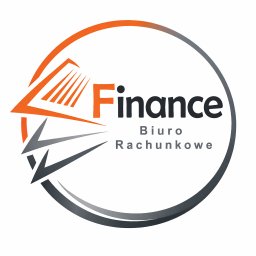 Logo biura rachunkowego: pomarańczowa ikona otwartej księgi, napis 'Finance' i 'Biuro Rachunkowe' w okręgu z gradientem szarości i pomarańczy.