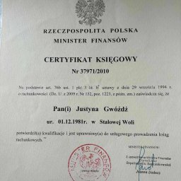 Certyfikat Księgowego Ministra Finansów Rzeczypospolitej Polskiej dla Justyny Gwóźdź, wydany w Warszawie 2010-03-03, potwierdzający kwalifikacje.