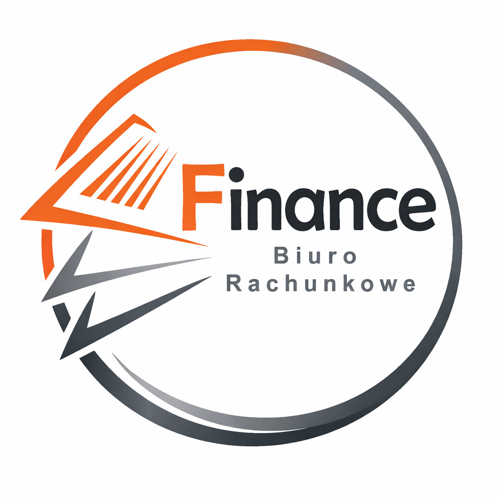 Logo biura rachunkowego: pomarańczowa ikona otwartej księgi, napis 'Finance' i 'Biuro Rachunkowe' w okręgu z gradientem szarości i pomarańczy.