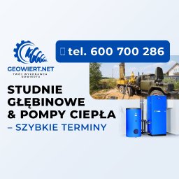 AR-BUD ANDRZEJ ROMANOWSKI - Studnie głębinowe i pompy ciepła: odwiert studni głębinowej w tle, na pierwszym planie zainstalowana niebieska pompa ciepła Buderus. Szybkie terminy realizacji.