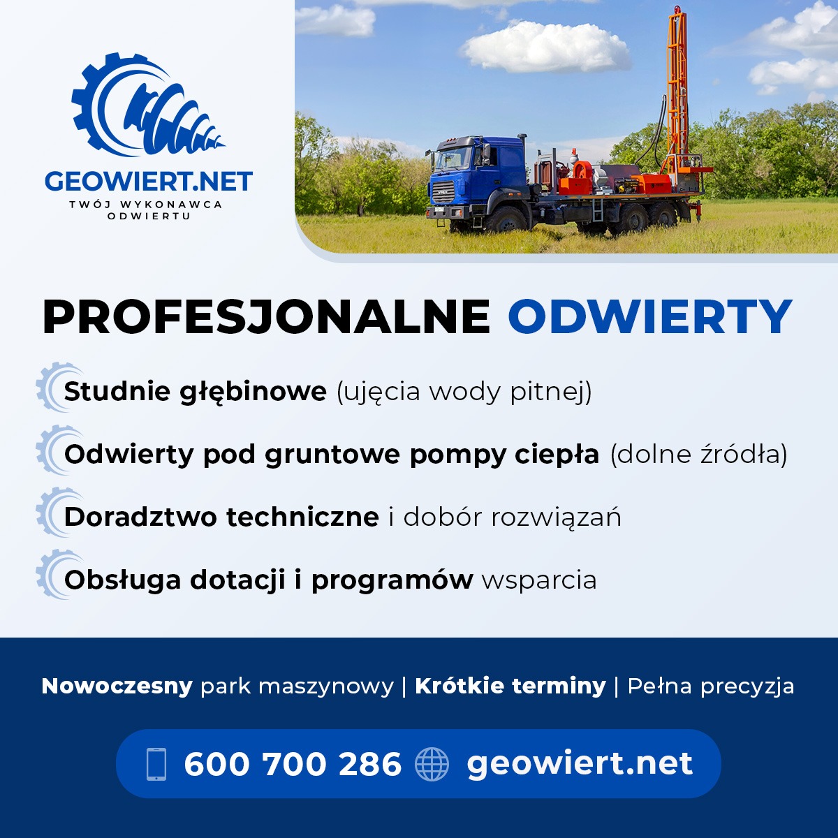 Odwierty: Niebieska ciężarówka z wiertnicą na tle zielonego pola i błękitnego nieba. Reklama firmy geowiert.net oferującej profesjonalne odwierty.