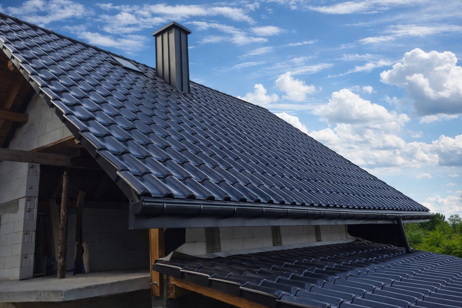 Więźba oraz pokrycie dachowe dachówką ceramiczną - dach dwuspadowy wraz z garażem.