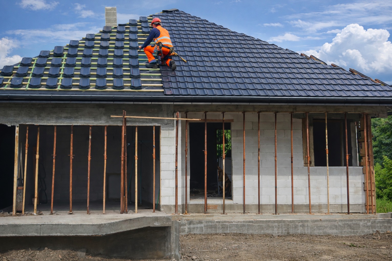 Pokrycie dachu kopertowego dachówką ceramiczną wraz z orynnowaniem.