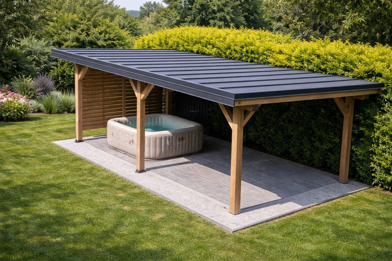 Wiata jednospadowa pokryta blachą panelową wraz z obróbkami.